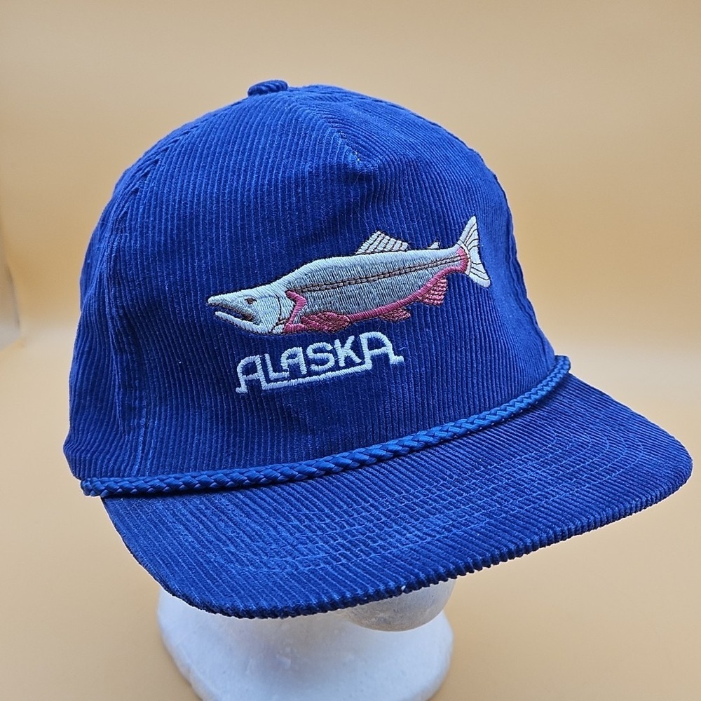 Vintage Alaska Salmon Blue Corduroy Snapback Cap Rope Hat Cap Headliners